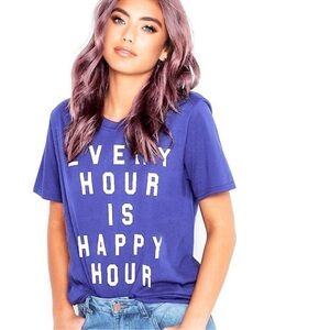 New WILDFOX Always Happy Keke Hour Graphic Tee Shirt Purple Blue White Sz S